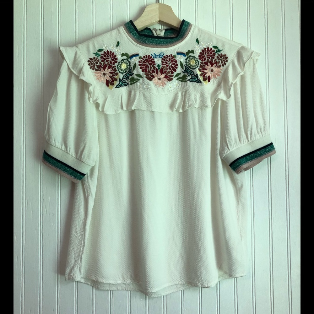 A Pictures Worth Floral Embroidered Trim Top Sz S - Picture 1 of 11